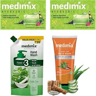 Medimix Combo  2 Natural Glycerine Soaps + Hand Wash (Neem, Tulsi  Aloe Vera, 675ml) + Anti-Tan Face Wash (1