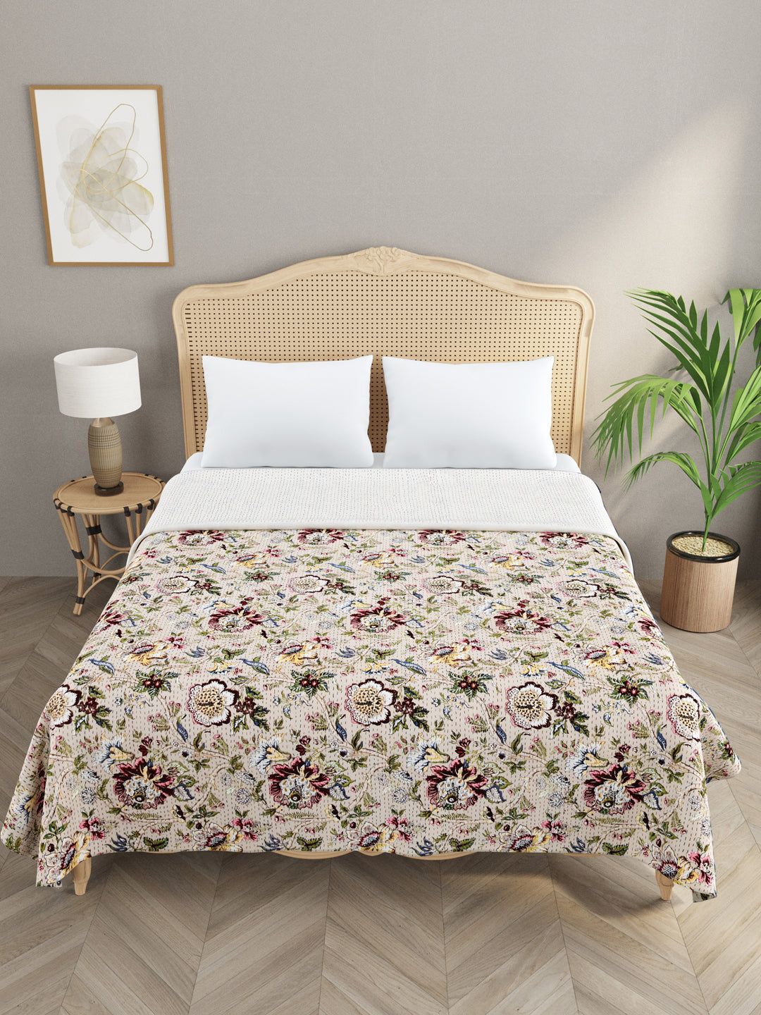 Handblock printed Kantha Bedcover