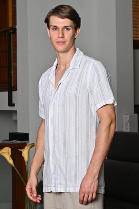 Drew - Cotton Dobby Striped Shirt - Grey-S-38 / GREY