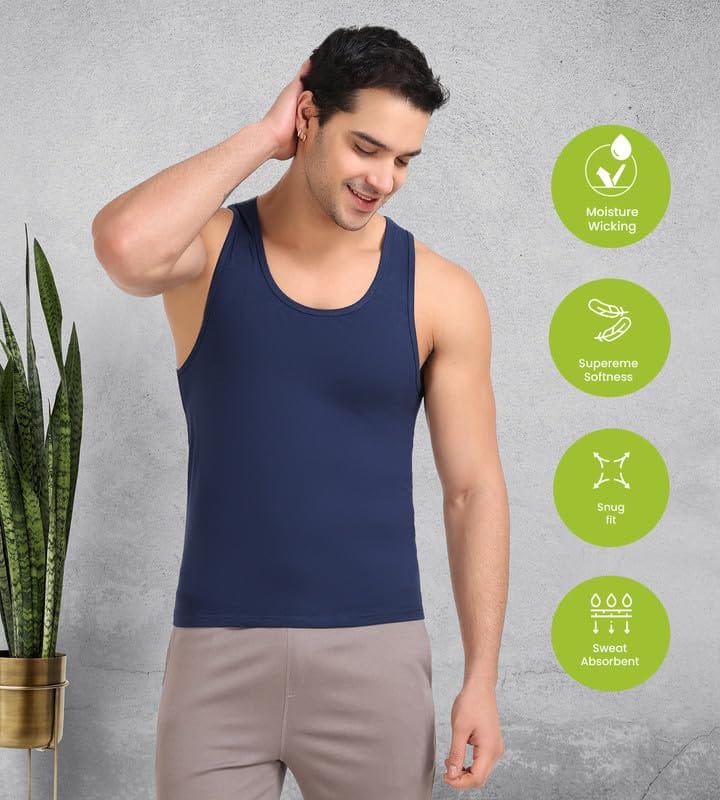 Freecultr Cotton Vest for Men Sleeveless Lightweight Solid Round Neck Comfort Vests Breathable & Comfortable Innerwear Sando for Man Regular Fit Pack of 2-Navy,White