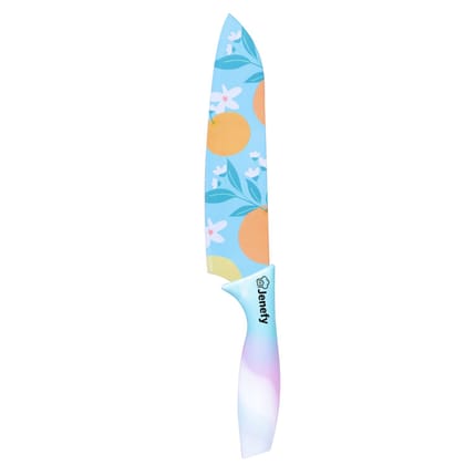 Jenefy Ultra Sharp Knife with prints of protective sheath Chef Knife Japanese Santoku Knife with Non stick coating Non Slip Ergonomic Handle & Blade Cover Food grade High carbon Stainless Steel Blue