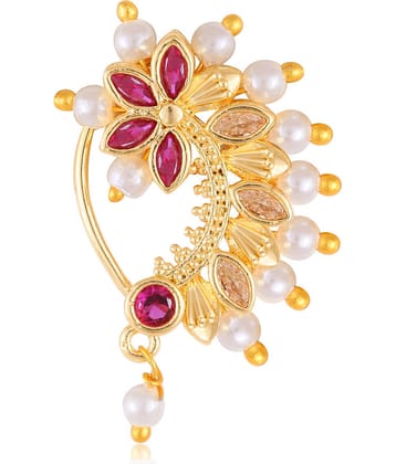 Vivastri Premium Nath Collection Nosepin With Beautiful & Luxurious Pearl Studded Maharashtraian Multi Coloured Nath For Women & Girls-VIVA1145NTH-Press-Multi
