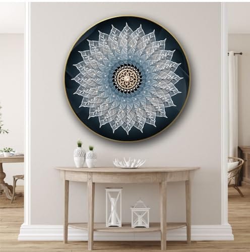 Floral Mandala Round Wall Art – 24 Inch HD Textured Canvas Painting with Elegant Golden Thin Frame | Modern