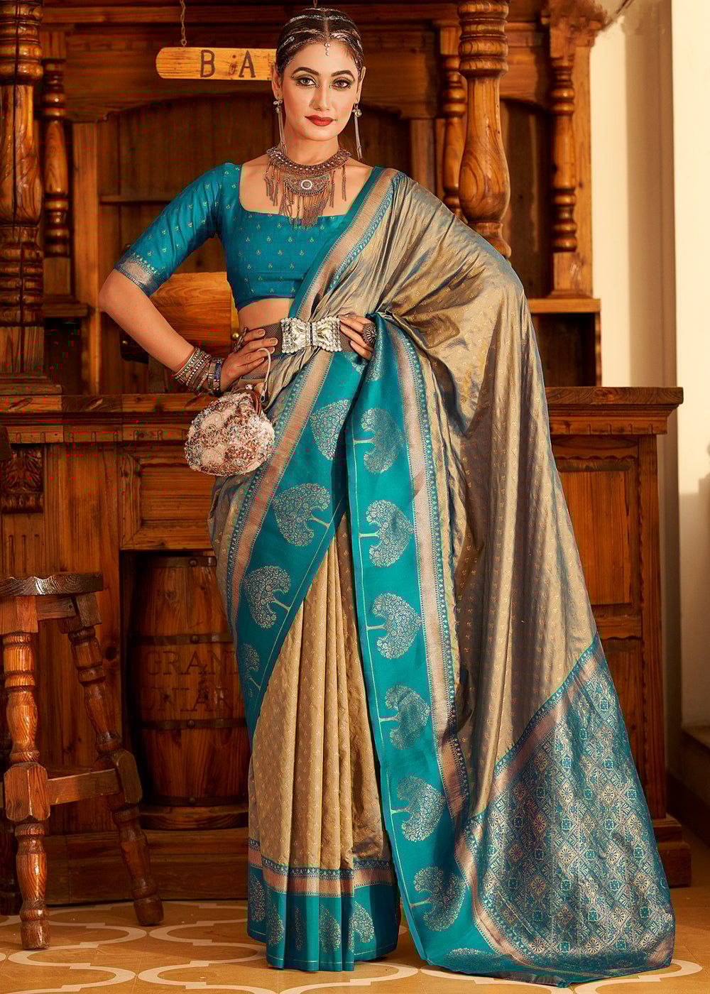 Golden Beige Dual Tone Woven Banarasi Soft Silk Saree