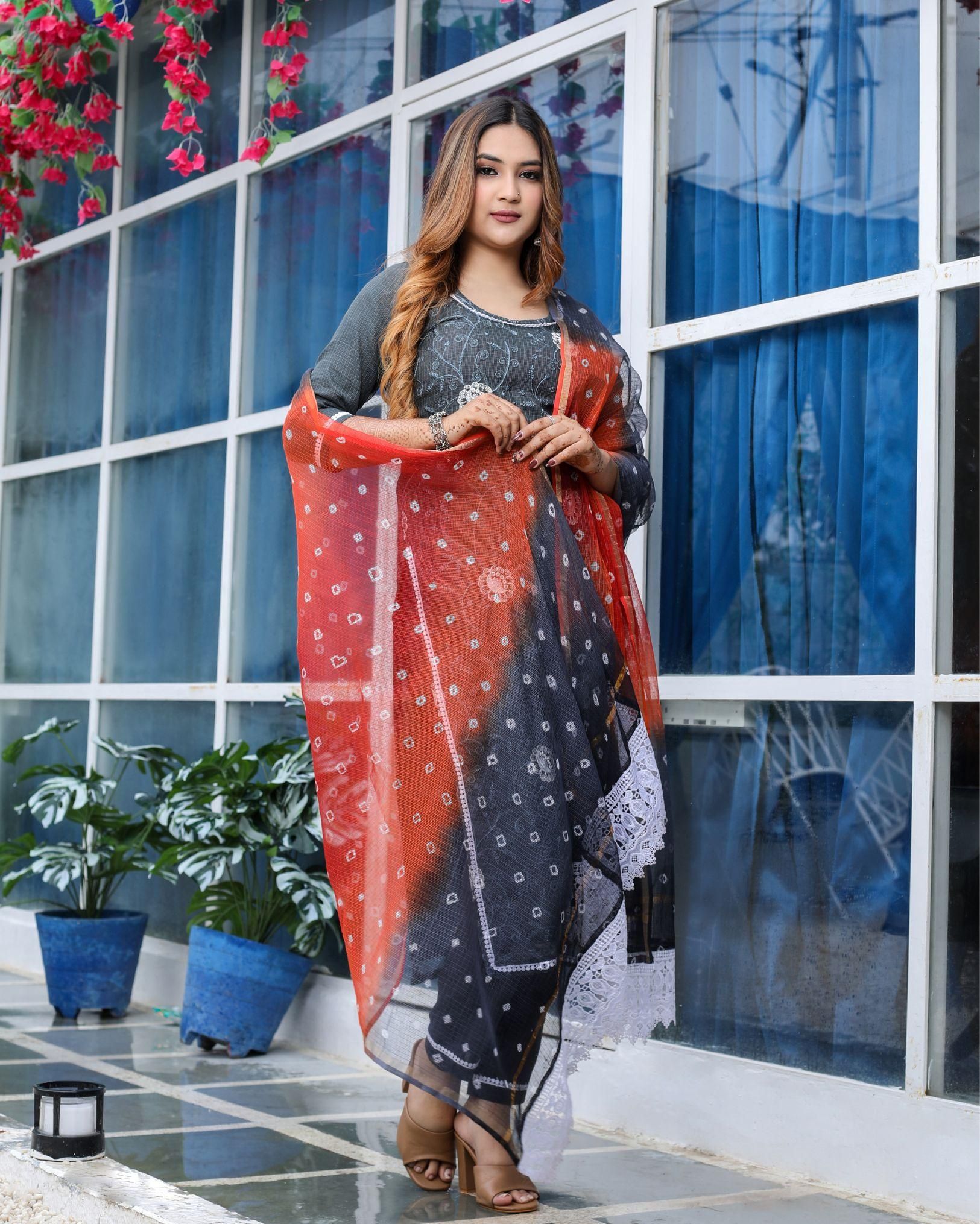 Elegant Kota Doria Gray Suit With Hand Bandhej Dupatta-34 (S)