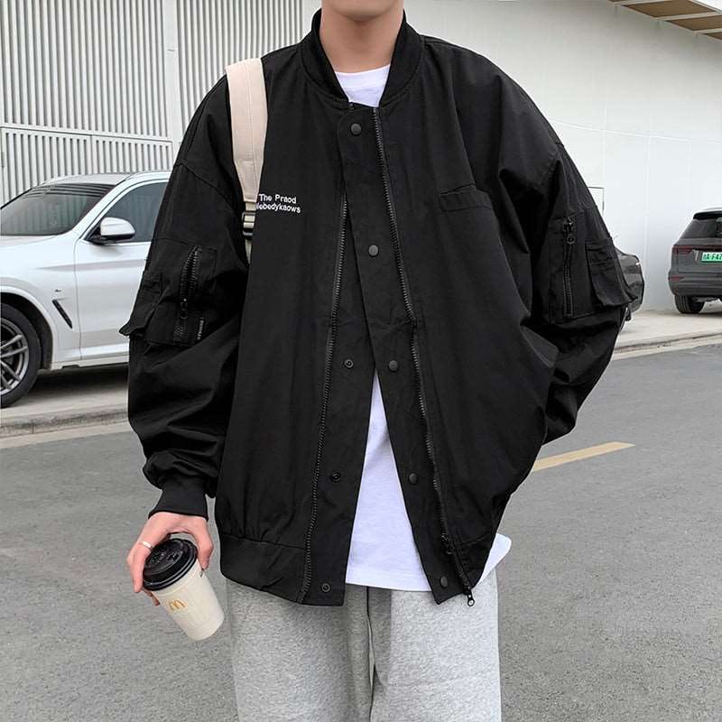 Plain Lettering Button Bomber Jacket-XL / Black