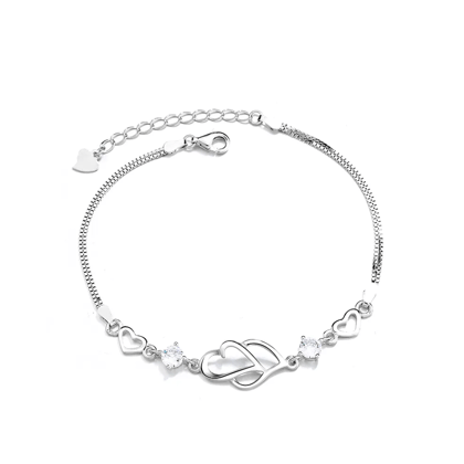 Double Heart Shape Silver Plated CZ Crystal Bracelet, Gift for Loved One, Valentine's Day Gift-White