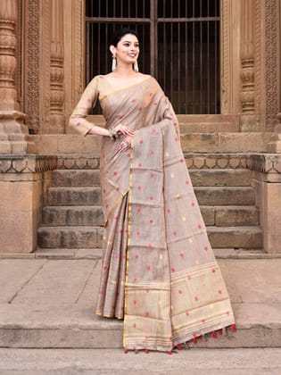 Dusty Brown Pure Linen Tissue Multicolor Polka Dots Weaving Saree