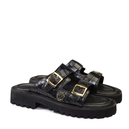 Chunky Sole Slide-in Slippers in Black Cut Croco Textured Leather-44/10