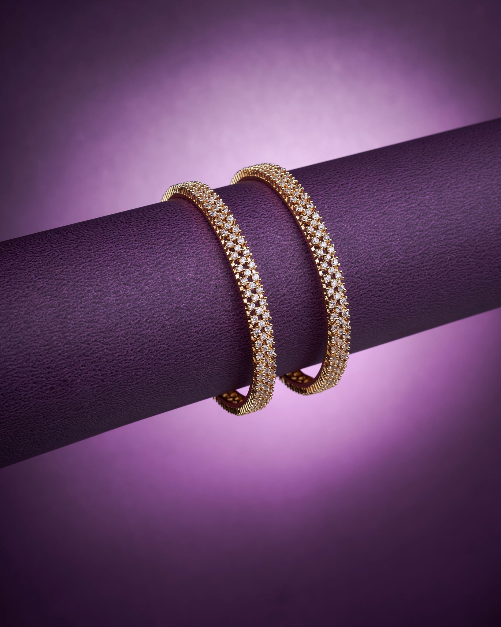 3 Line AD Studed Gold Plated Bangles (Pack of 2)-White / Gold Plated / 2.4