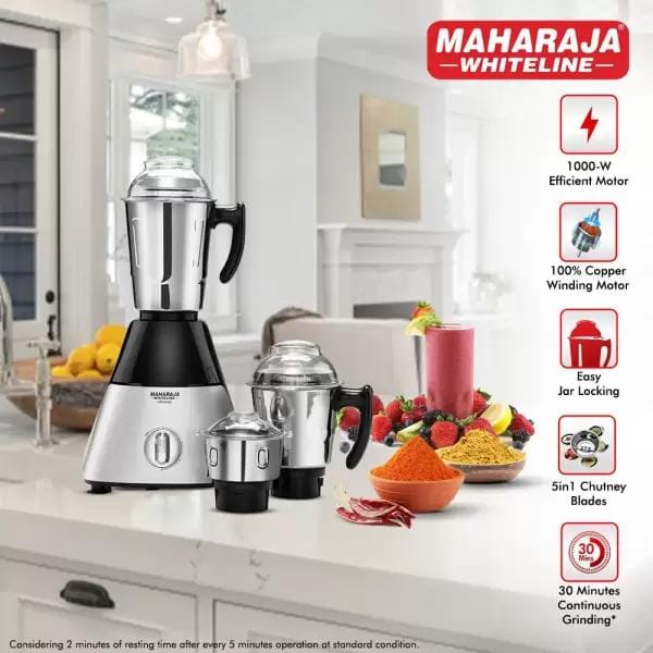 Maharaja Whiteline MX-226 Infinimax HD 1000W Mixer Grinder (3 Jars, Black, Grey)
