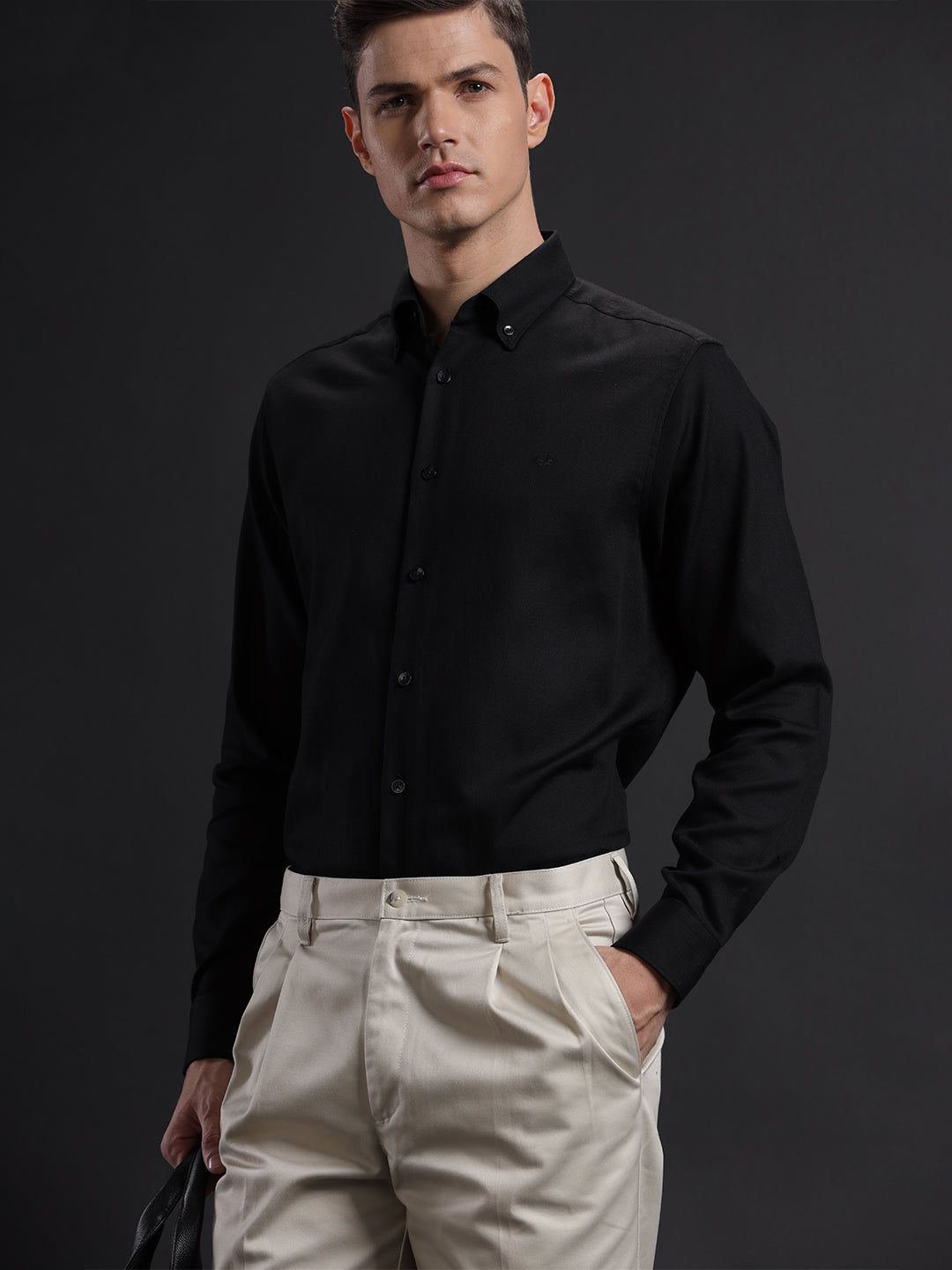 Aldeno Mens Regular Fit Plain Black Casual Cotton Shirt (TABLO)-S