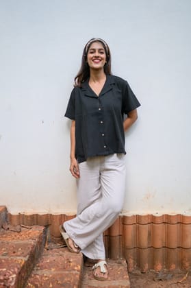 Pure Cotton Open Collar Shirt-Black-XS