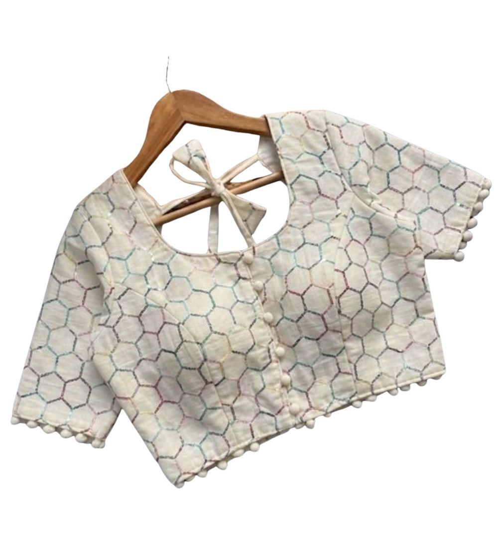 Women's Cotton Printed Half Sleeve Round Neck Padded Readymade Blouse (Cream, Size 38 - Self-Alterable 36–40)