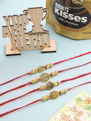 NVR Men Set of 4 Gold Toned Artificial Stones Swastik Design Thread Rakhi Combo-One Size / Gold