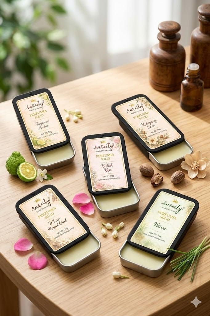 Rareity Perfume Solid Perfume Combo Pack of 5 | Bergamot Amber, Mahogany Shea, British Rose, White Royal Oud & Vetiver | Pocket Fragrance Balm | Travel Friendly | 20g Each