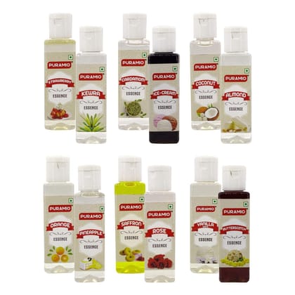 Puramio Liquid Food Essence (Vanilla White, Pineapple, Rose, Orange, Saffron, Cardamom, Butterscotch, Kewra, Strawberry, Almond, Coconut, Ice Cream), 50 ml Each - Pack of 12