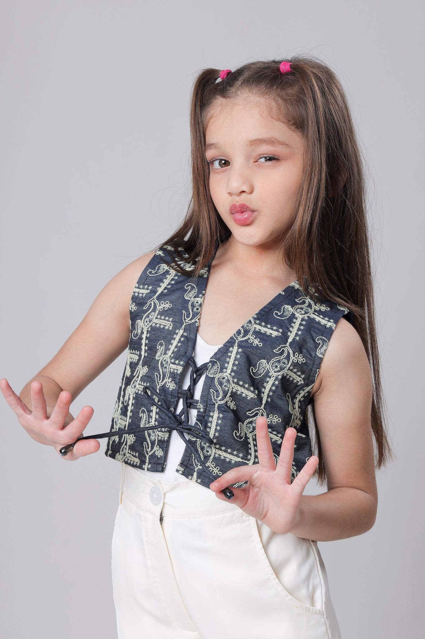 Exclusive Denim Embroidery Work String Sleevess Girls Jacket-1 Year / Denim Blue