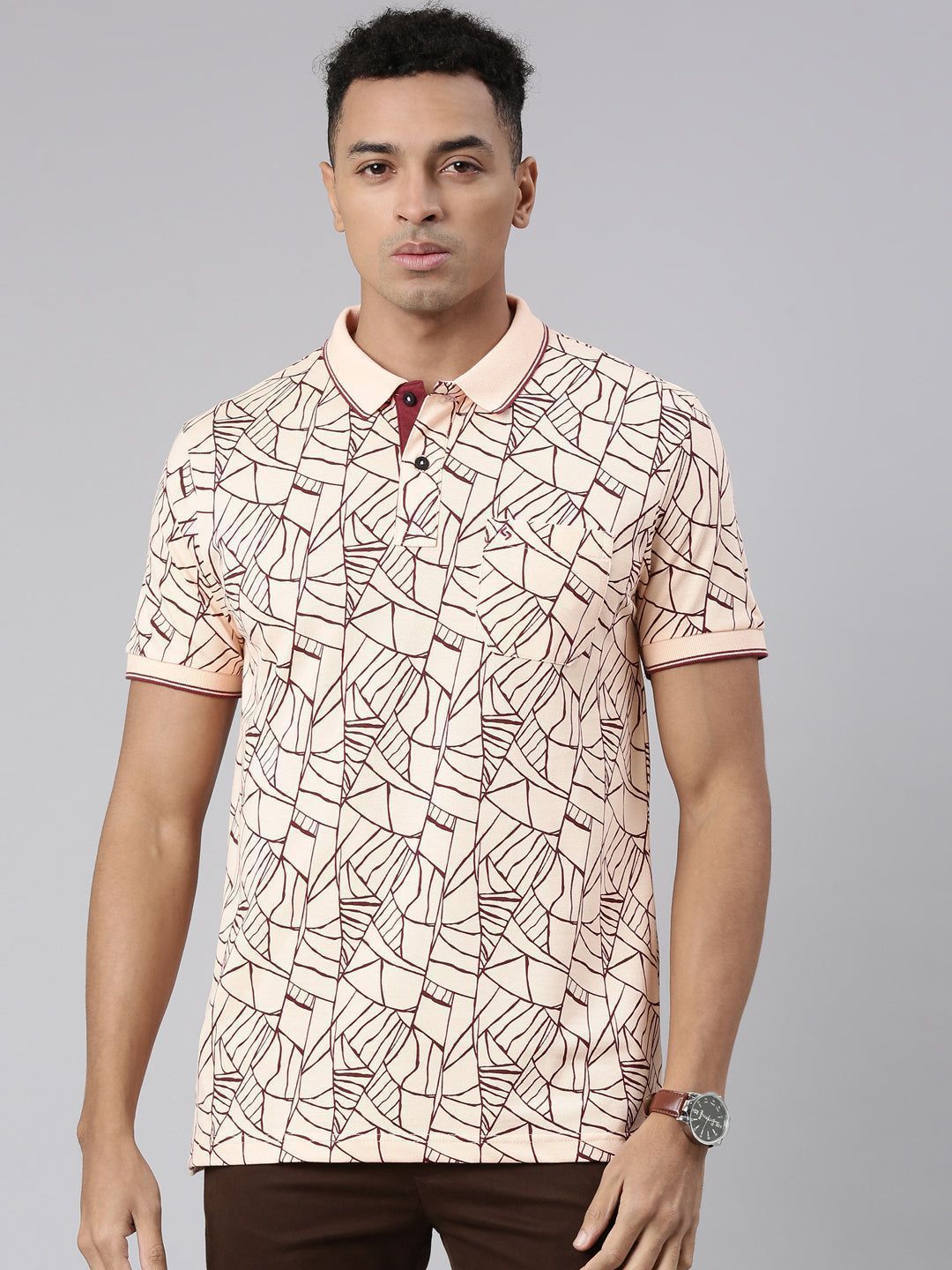Classic Polo Men's Half Sleeve Lt.Orange/Brown Polo Neck Cotton Blend Slim Fit T-Shirt | BEAU - 264 B SF P