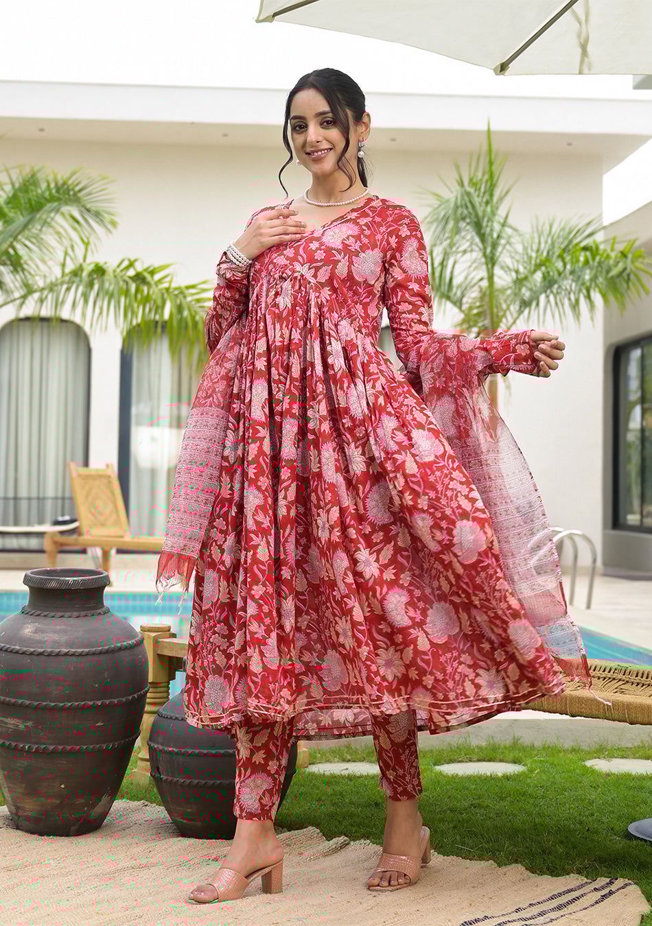 Floral Printed Red Cotton Alia Cut Kurta Set for women-XS