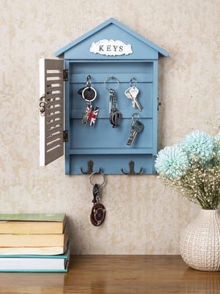 Blue & White Wood House Shaped Key Box Organiser