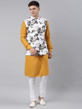 White Printed Jacket Kurta Set-XS/36 / Pajama set