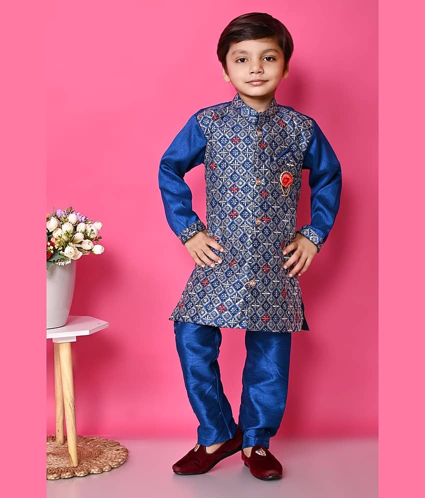 New Collection Boys Cotton Blend Sequined - Pattern Kurta Pant Set ( Navy Blue , Pack of 1 )
