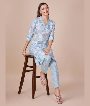 Women Basket Cotton Blend Printed Kurti With Pants Women's Stitched Salwar Suit - Blue ( Pack of 1 )