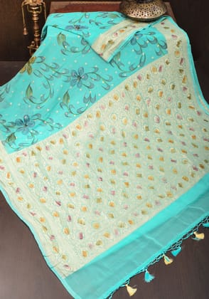 Cyan Pure Silk Chiffon saree with Hand Painted Florals  | SILK MARK CERTIFIED