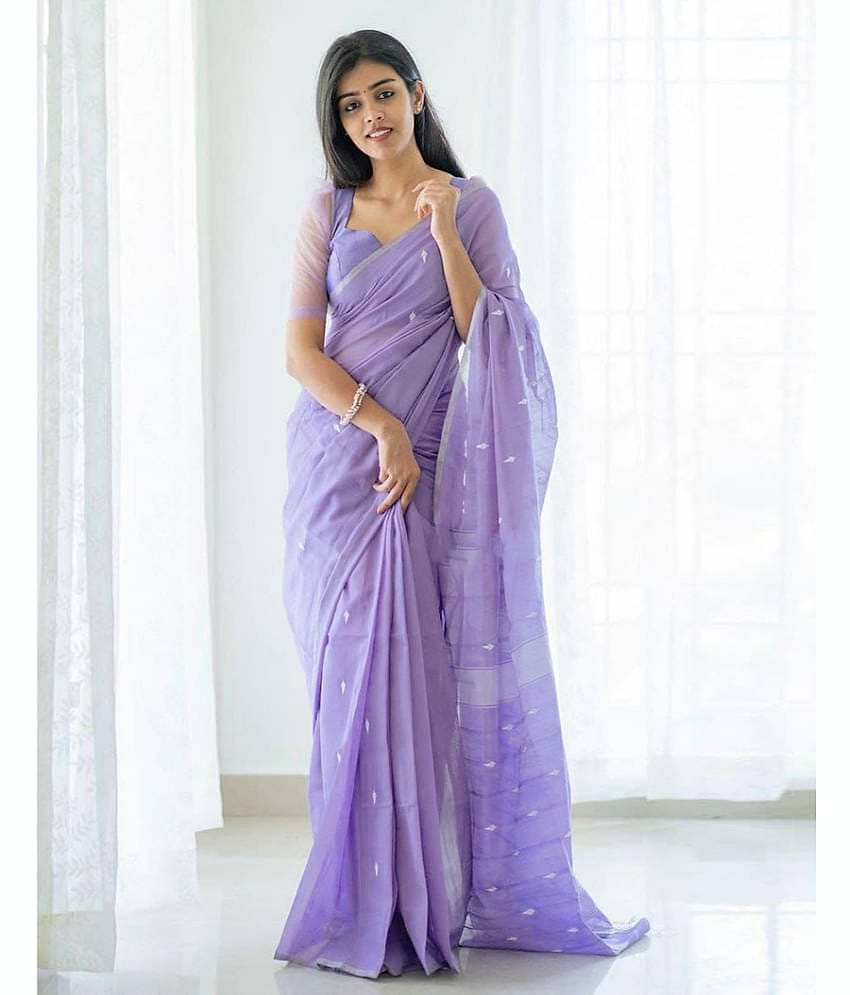 Samah Cotton Blend Self Design Saree With Unstitched Blouse Piece ( Lavender )