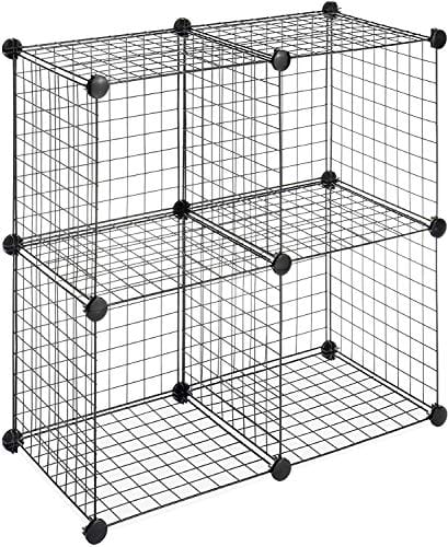 Metallic Wire Storage Organiser - Book Shelf, Kitchen Organiser - Iron Mesh Powder Coated - 4 Cubes - Black