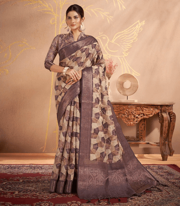 Beige Woven Art Dupion Saree With Printed Chevron Motifs-Beige