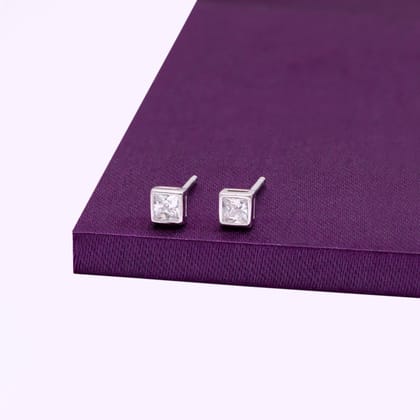 Square Crystals Casual Silver Studs Earrings-White Stone / Silver