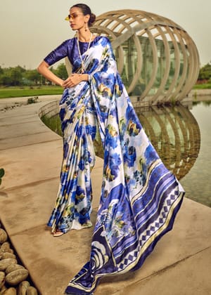 Dazzling Blue Satin Crepe Printed Silk Saree