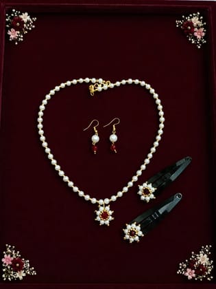 Pearl moti tanmani necklace set with Earrings and clips