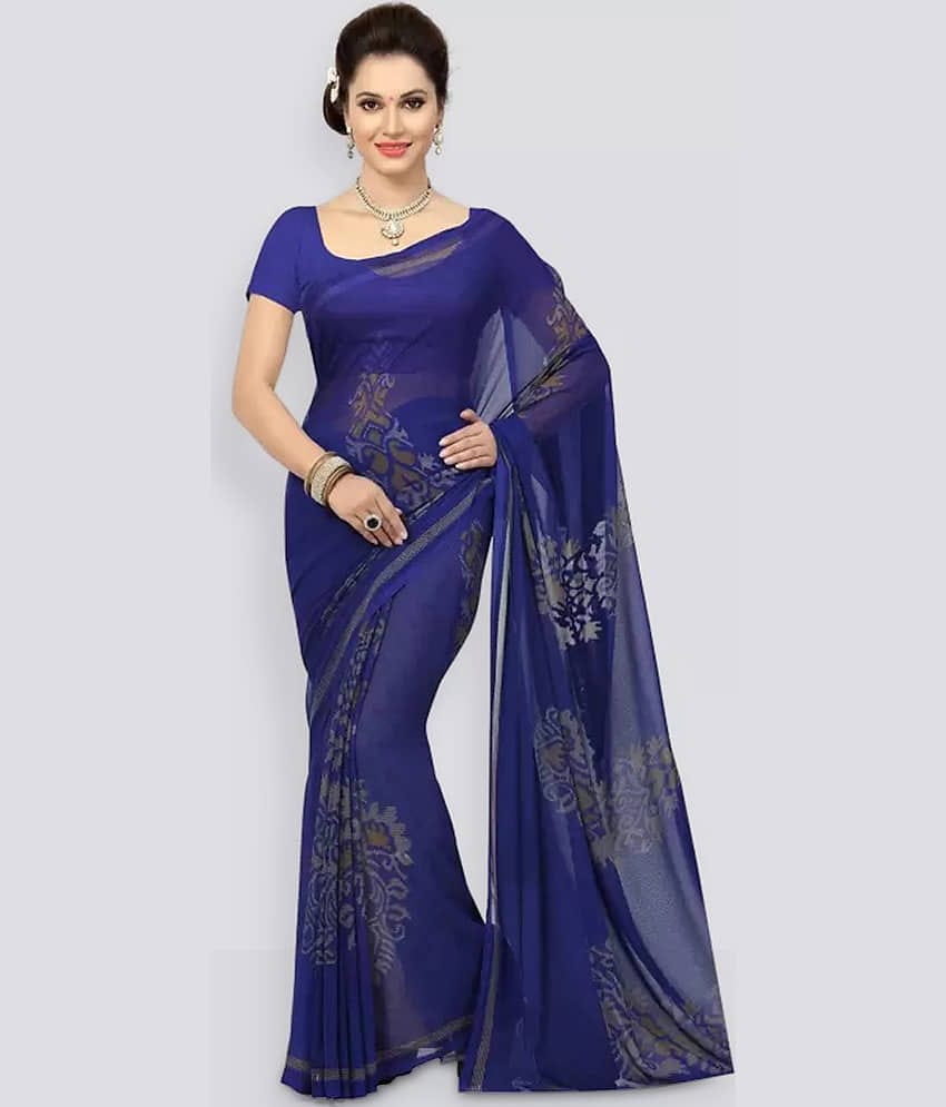 Yashika Georgette Printed Saree With Unstitched Blouse Piece ( Blue )