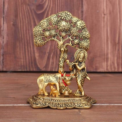 DreamKraft Metal Krishna With Cow Standing Under Tree Plying Flute (Gold, 12.5X8X16Cm), 1 Piece