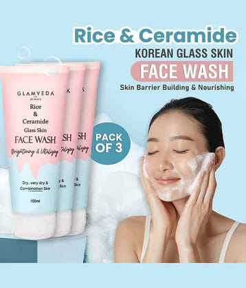 Glamveda Rice & Ceramide Korean Glass Skin Face Wash Cleanses & Brightens Facewash , 100ml each (Pack of 3)