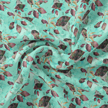 Watercolour Autumnal Leaves With Green Sprinkle Digital Printed Fabric-Polyester / Japan Satin / 110 CM | 43 Inch