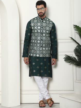 Men's Cotton Silk Sequinned Embroidered Green Kurta and White Pyjama With Embroidered Green Nehru Jacket Set-36