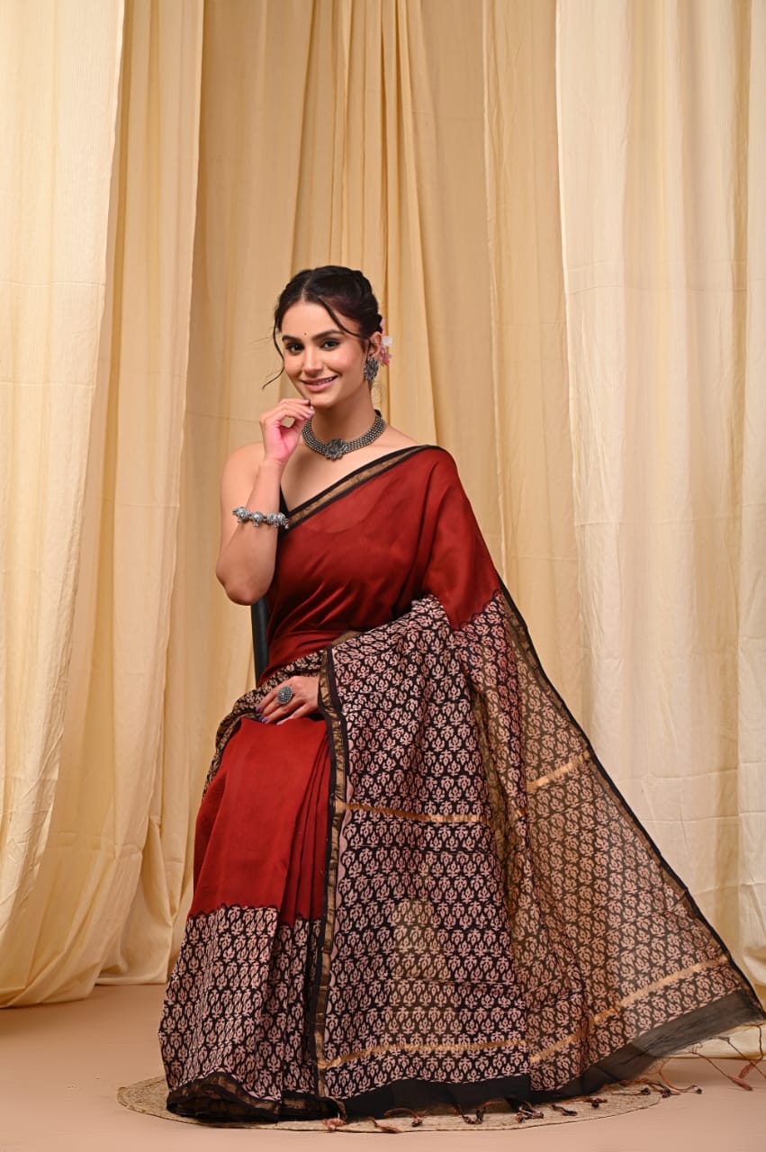 Hand block printed chanderi silk Sarees with blouse