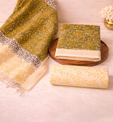Block Print Kalamkari Maheshwari Unstitched Suit Set – 3 Piece