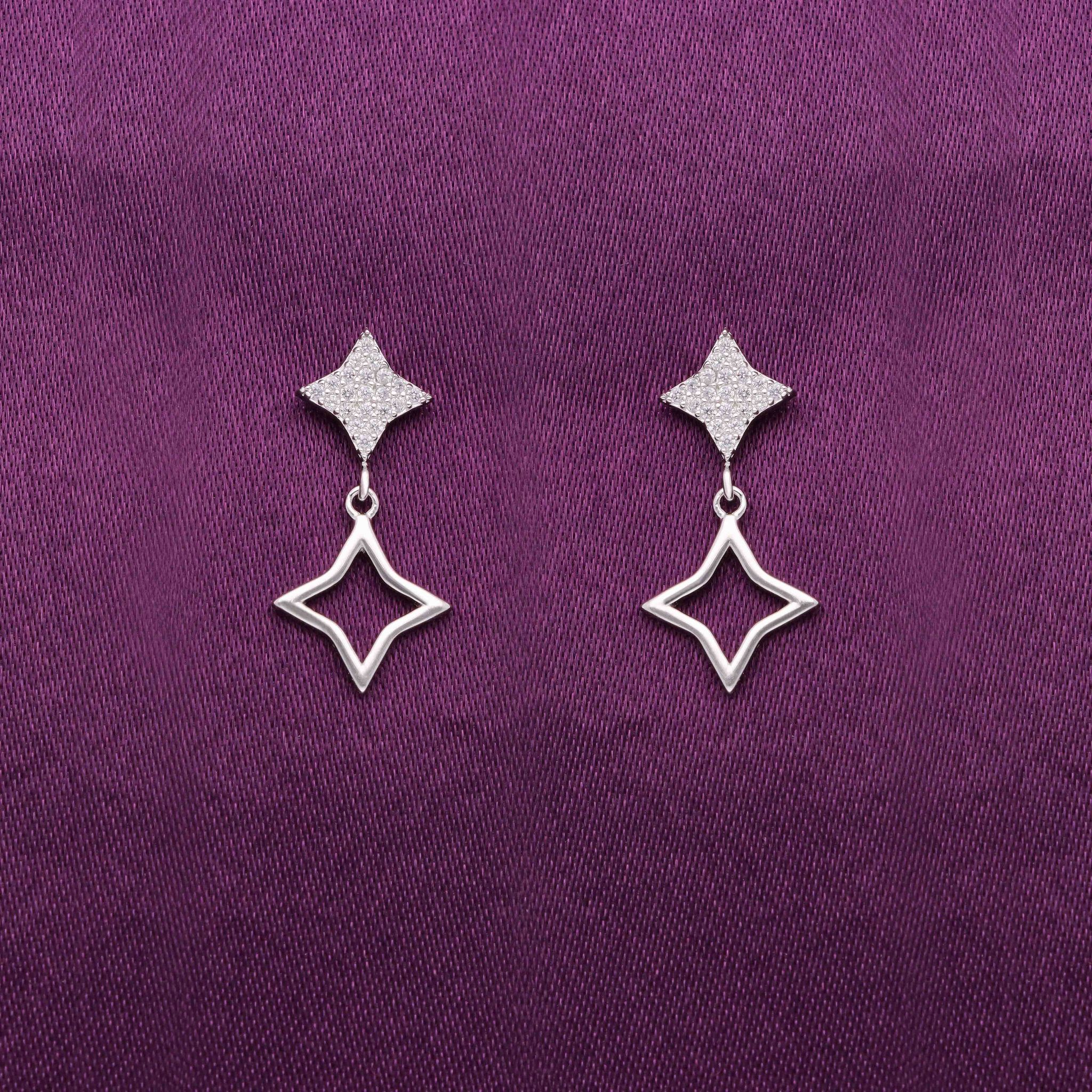 Sterling Silver Chic Star Drop Earrings-White Stone / Silver