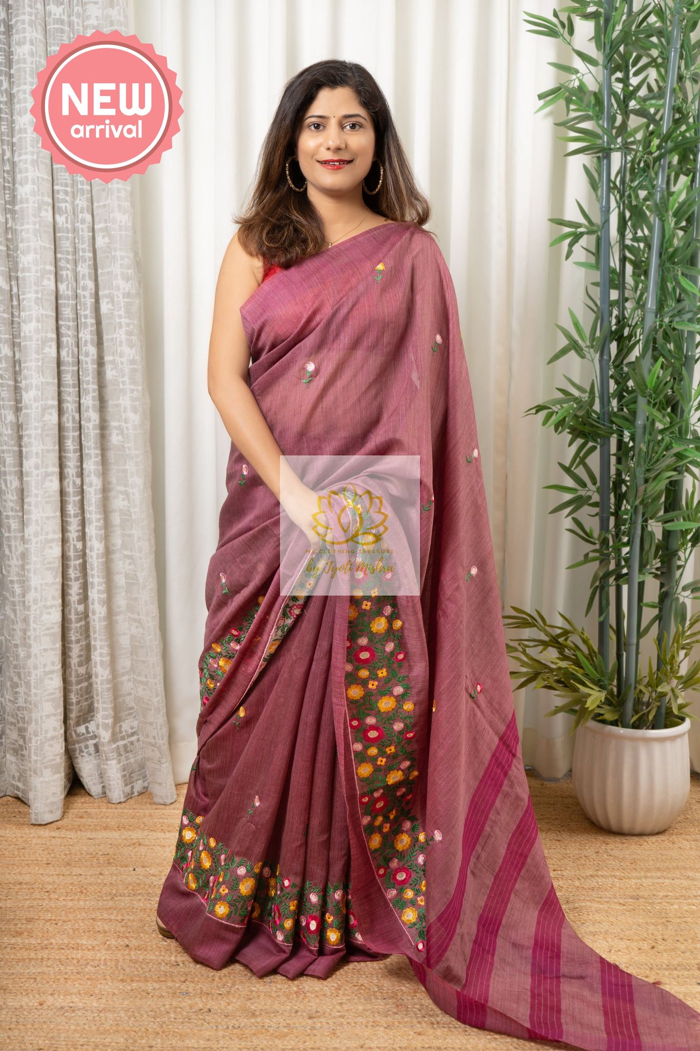 Embroidered Banswara Linen Silk Saree - Dep Mauve