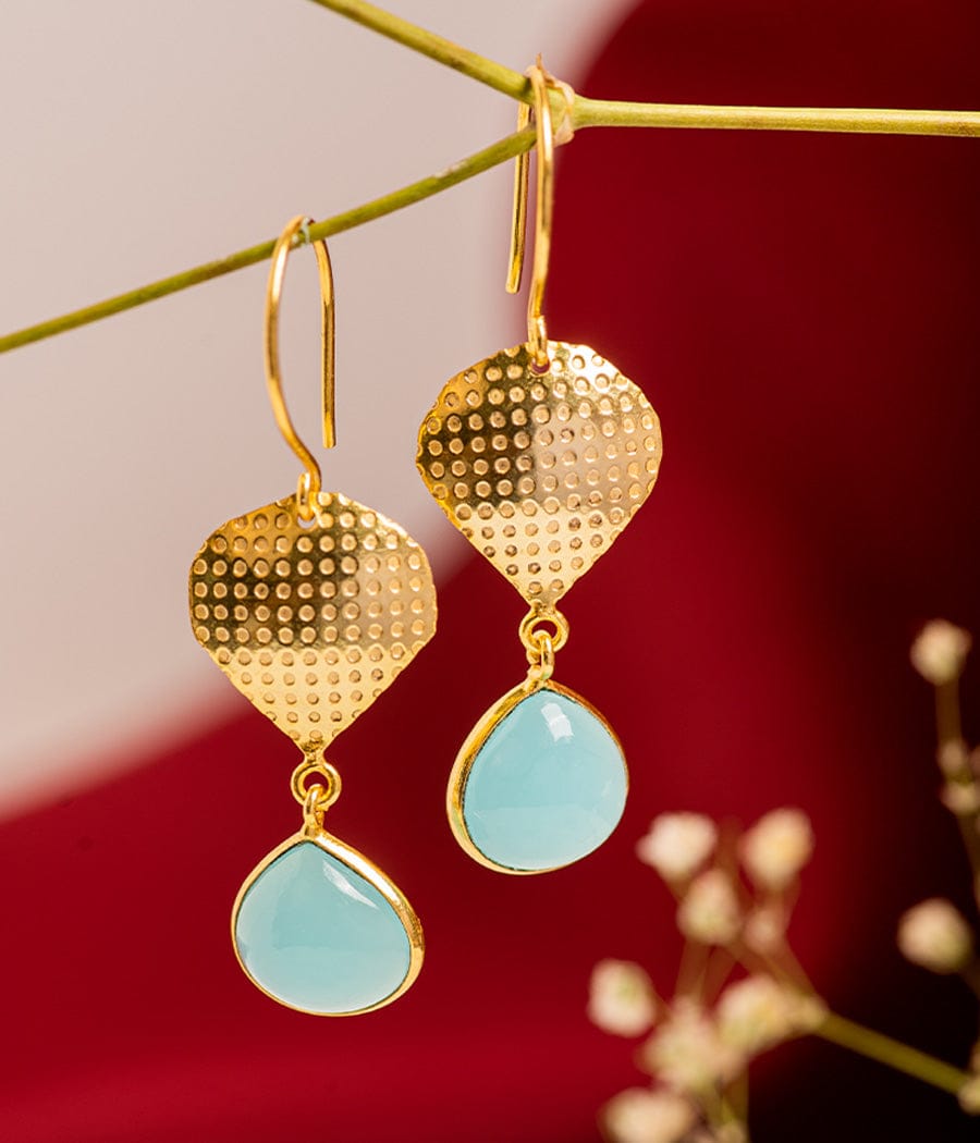 Aqua Chalcedony Gold-Plated Earrings-Brass with gold