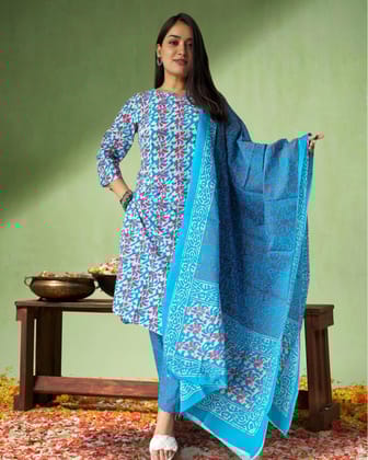 Mehek Blue Cotton Suit Set Handblock Print-36 (S)