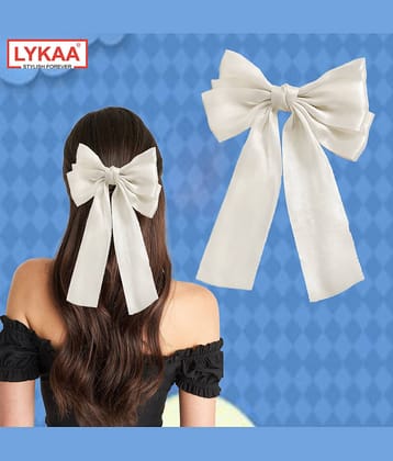 Lykaa Big Satin Layered Hair Bows Long Tail Ribbon Barrettes Clip for Women - Pack of 1 (White)