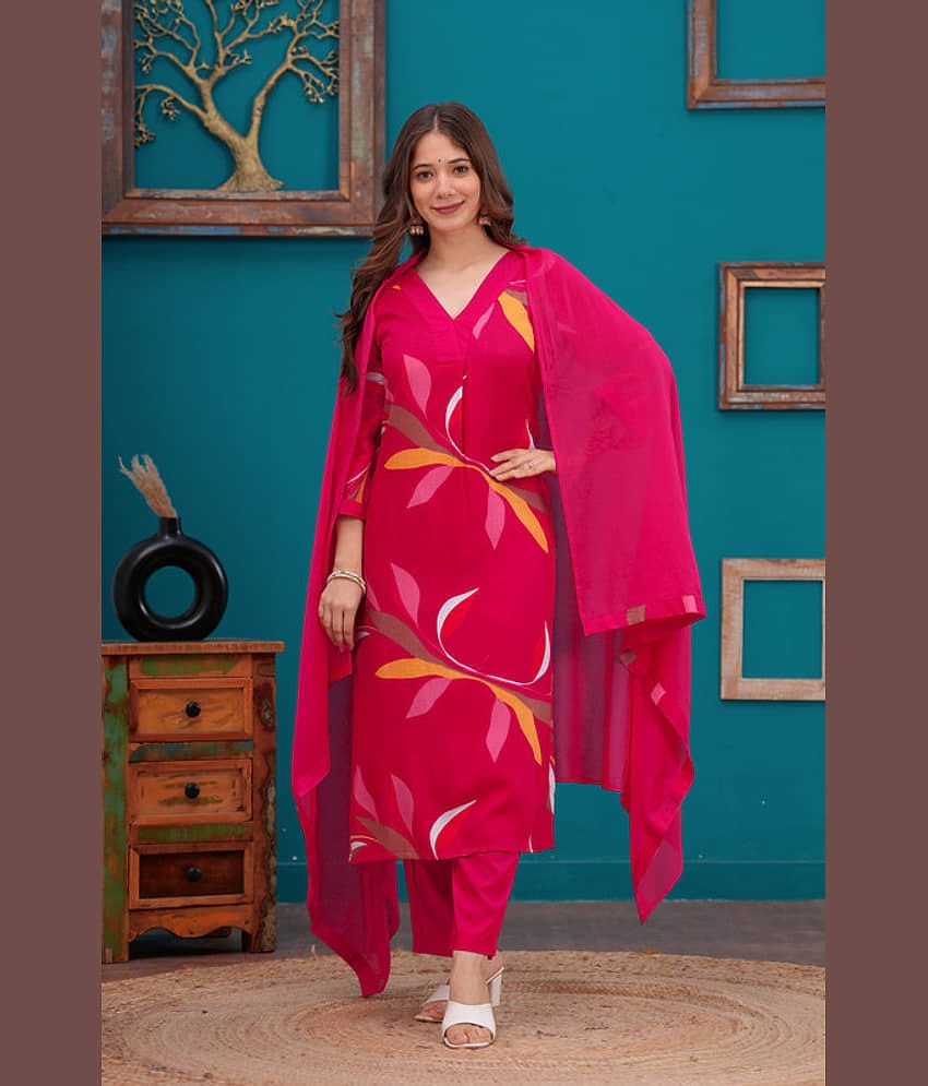 piludi Women Polyester Printed Straight Kurti With Pants ( Pink )