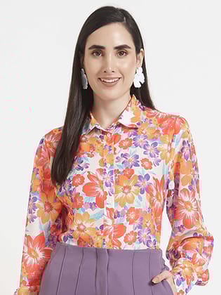 Luxury Muslin Digital Print Puff Sleeve Shirt-M