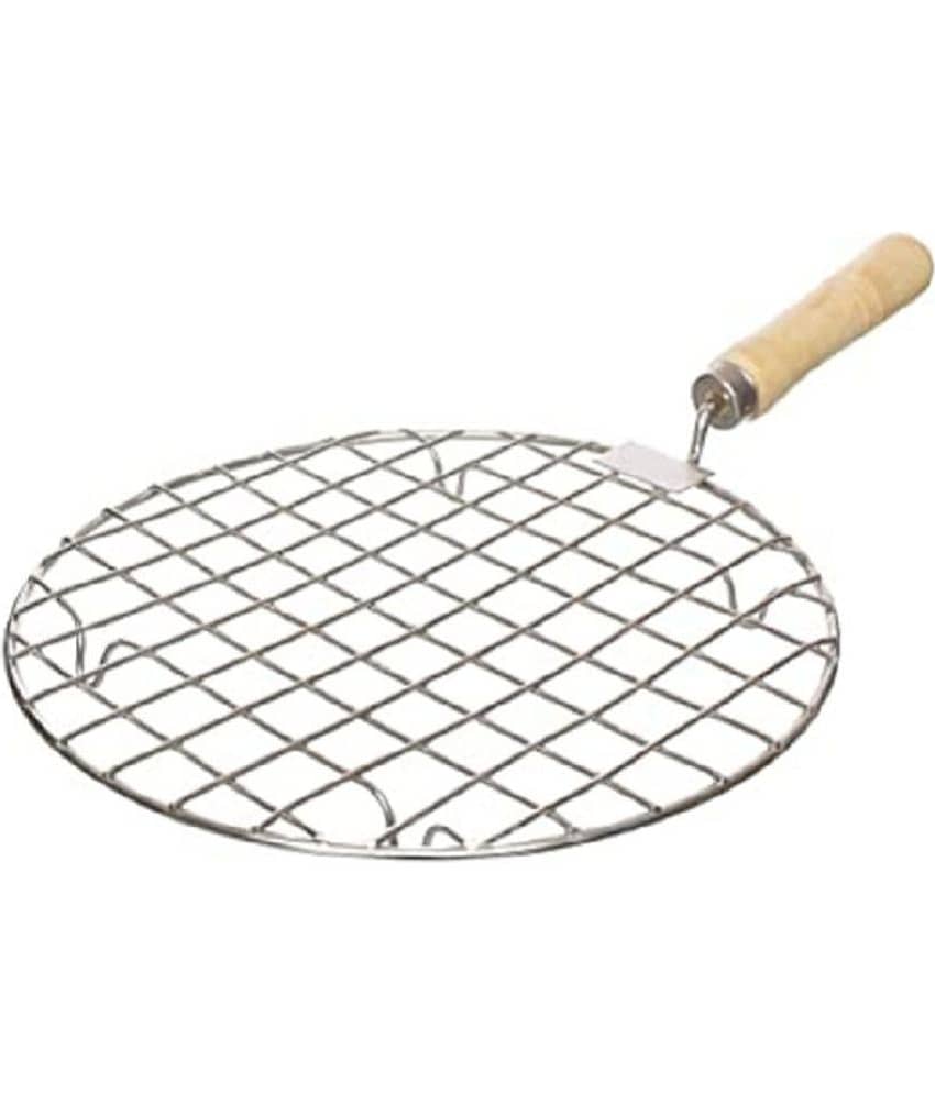 Dynore Stainless Steel Round Papad Jali, Roti Roast Grill with Wooden Handle (1U)